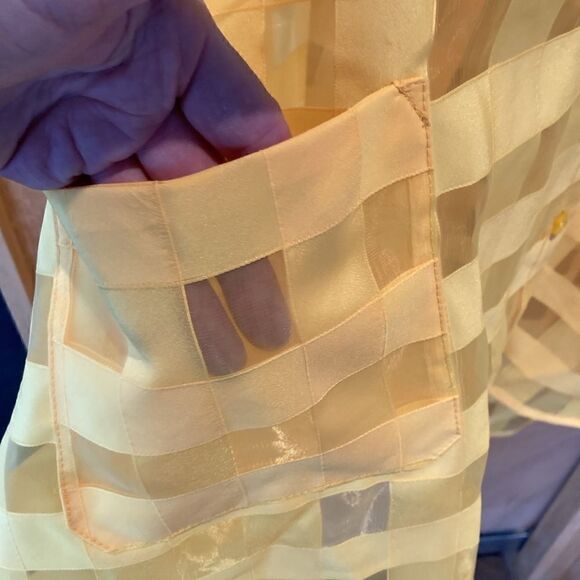 Ashro Duster Blouse sheer contrast gridded pockets button down Top Yellow size M - Picture 5 of 12